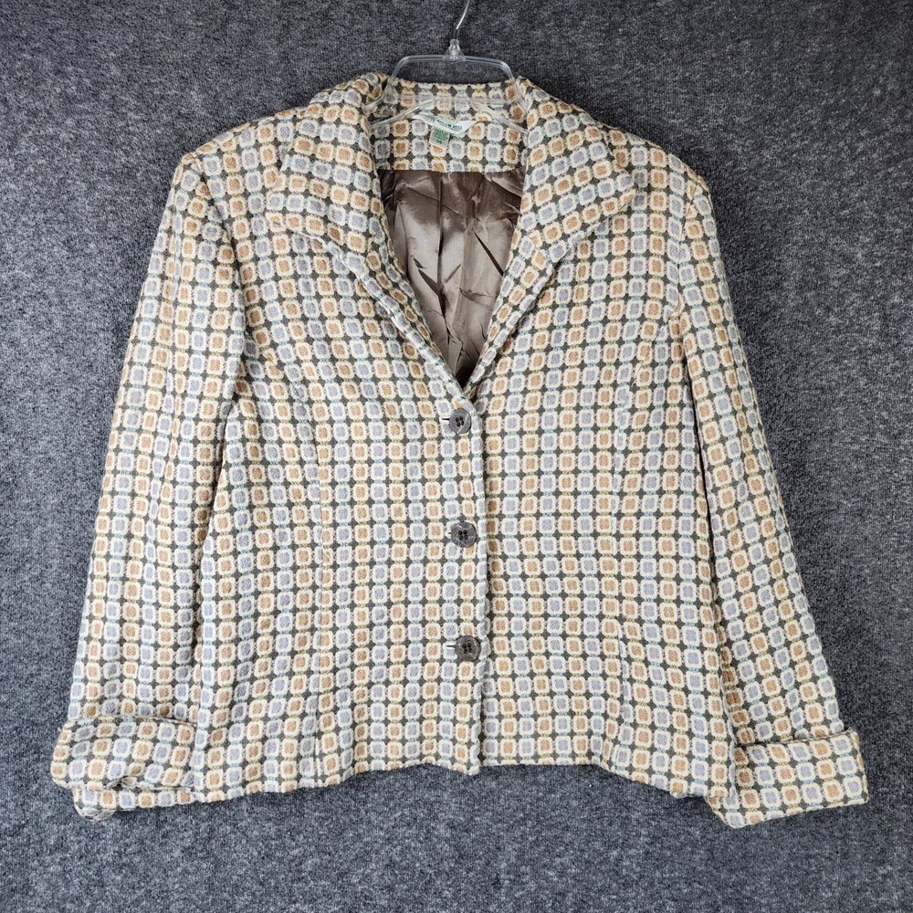 Austin Reed Wool Jacket Womens 14 Vintage 70s Geometric Tan Blue EUC